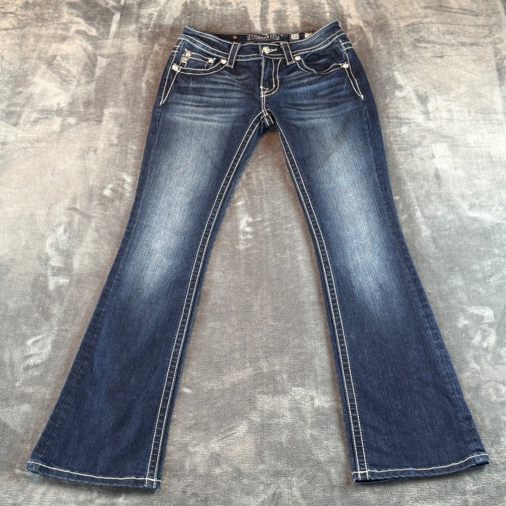 Miss Me Signature‎ Boot Cut Jeans Dark Wash Embellished Pockets Size 28 Low Rise